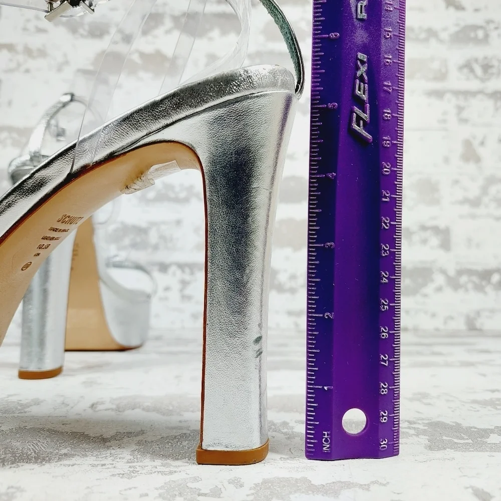 NEW SCHUTZ Silver Leather Platform High Heel Buckle Ankle Strap Sandals W491 - Picture 8 of 14